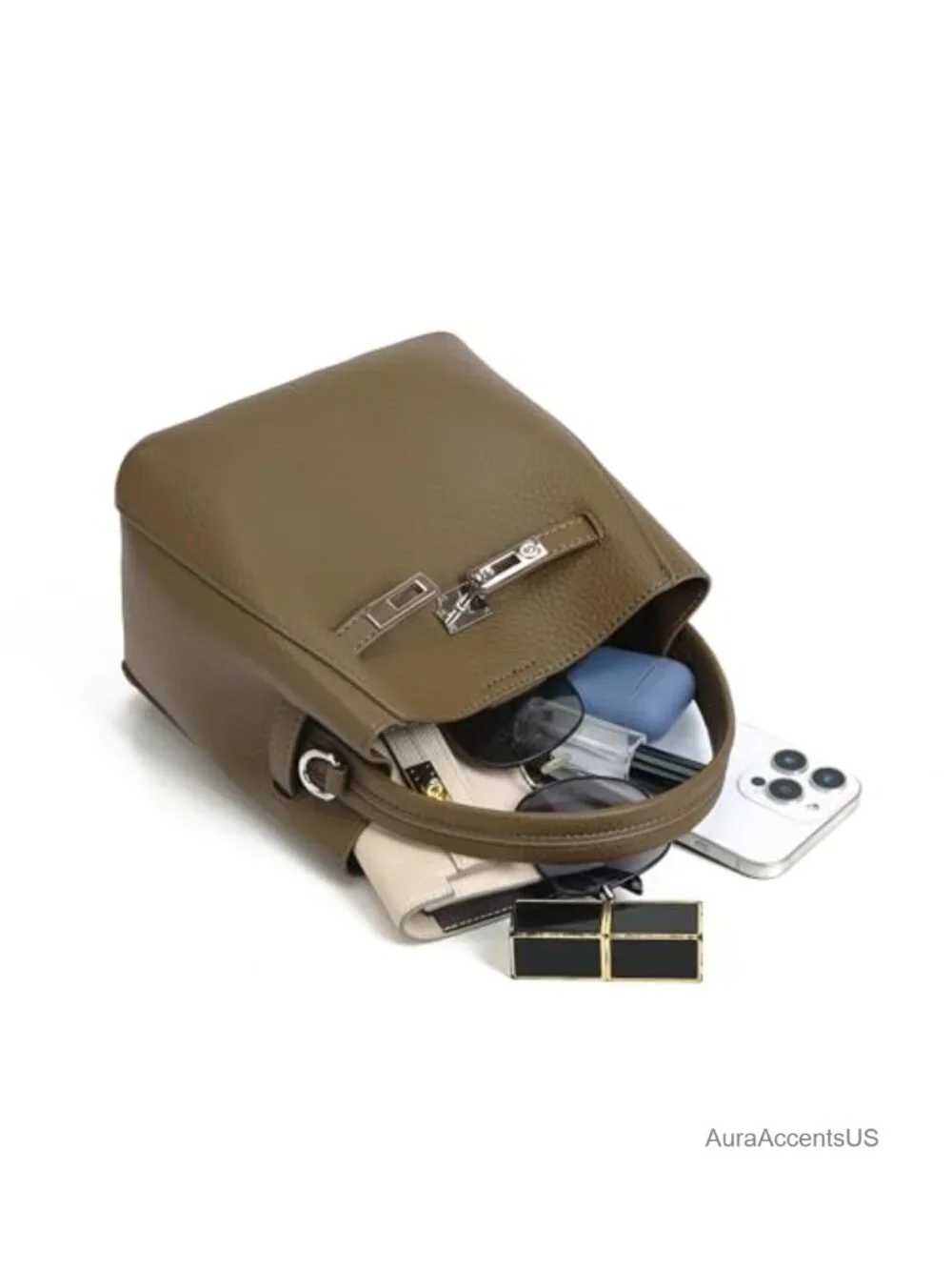 Pebbled Leather Small Crossbody Bag with Lock Accent, Top Handle Satchel Tote